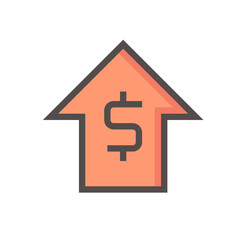 Money value increase vector design. That icon, sign or symbol of dollar and big rise up arrow for business, economy and finance concept to growth of profit, data, market price or income. 48x48 pixel.
