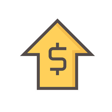 Money value increase vector design. That icon, sign or symbol of dollar and big rise up arrow for business, economy and finance concept to growth of profit, data, market price or income. 48x48 pixel.
