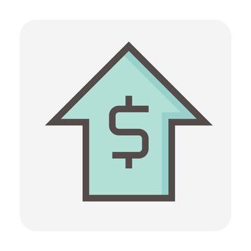 Money value increase vector design. That icon, sign or symbol of dollar and big rise up arrow for business, economy and finance concept to growth of profit, data, market price or income. 48x48 pixel.
