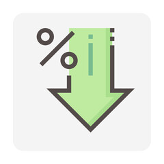Percent decrease vector design. Consist of down arrow and percent sign, icon or symbol. Concept for percentage of interest rate, loss profit,  stock price or discount. Editable line stroke  48x48 px.
