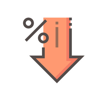Percent decrease vector design. Consist of down arrow and percent sign, icon or symbol. Concept for percentage of interest rate, loss profit,  stock price or discount. Editable line stroke  48x48 px.
