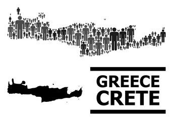 Map of Crete Island for national projects. Vector nation collage. Concept map of Crete Island organized of human pictograms. Demographic concept in dark grey color hues.