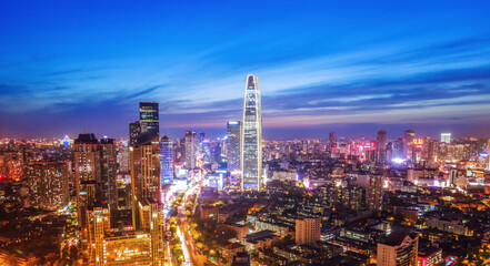 Fototapeta premium Aerial photography of Tianjin city building skyline night view
