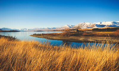 Cottage Rural Scene Mountain Lake Countryside Concept