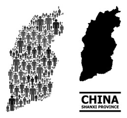 Map of Shanxi Province for politics projects. Vector demographics collage. Concept map of Shanxi Province composed of man items. Demographic concept in dark gray color hues.