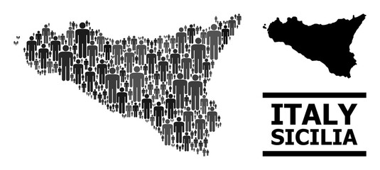 Obraz premium Map of Sicilia Island for demographics agitprop. Vector demographics collage. Concept map of Sicilia Island created of crowd items. Demographic concept in dark grey color tones.