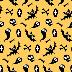 Happy Halloween-seamless pattern with set of characters-bats, ghosts, skulls and bones. Textured background for greeting card, invitation, party poster, banner