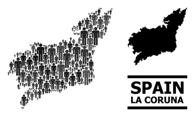 Obraz premium Map of La Coruna Province for politics proclamations. Vector demographics abstraction. Abstraction map of La Coruna Province composed of human icons. Demographic concept in dark gray color tinges.