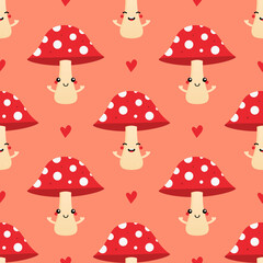 Cute and smiling mushroom characters with dotted red caps and hearts vector seamless pattern background.