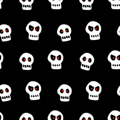 Seamless pattern with skulls. Primitive cartoon flat style. Background and texture on theme of Halloween, danger, death, war, poison. For fabric, packaging, party, poster, banner
