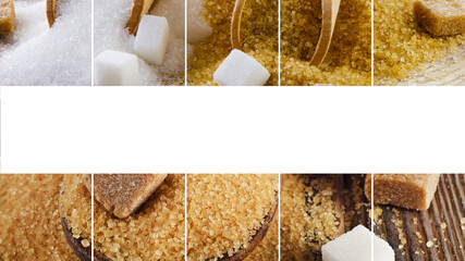 Collage of browm and white sugar.