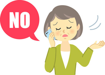 イラスト素材：おばあさんが携帯電話でNOと断り手を振る場面

