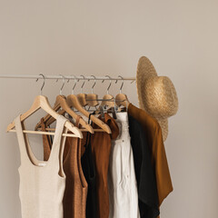 Aesthetic minimalist fashion influencer blog composition. Stylish pastel summer female clothes,...