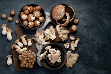 Obraz na płótnie Canvas Variety of raw mushrooms on dark background. Vegan food cocnept. Top view, flat lay, copy space