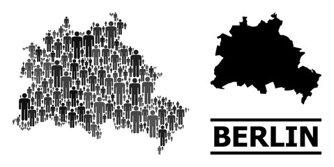 Map of Berlin City for political posters. Vector population mosaic. Concept map of Berlin City constructed of human pictograms. Demographic concept in dark gray color shades.
