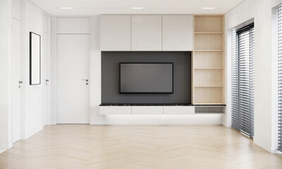 Modern Japandi style apartment interior design with the television show a black screen. White wall and wooden floor. 3d rendering