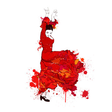 Spanish girl dances a flamenco and color spots