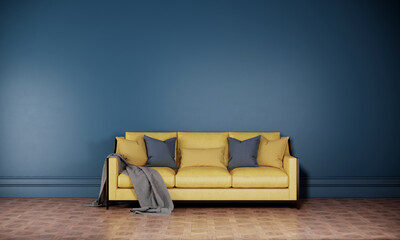 Yellow leather sofa in a dark blue color concrete wall and parquet floor, 3d rendering living room interior design and decoration.