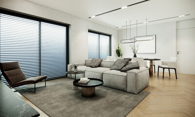 modern scandinavian living and dining room interior design with natural tone furniture, fabric sofa, grey carpet, dining table and white chairs. 3d rendering mockup studio apartment interior.