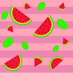 Seamless pattern with watermelon and slices on a  pink isolated background. Summer minimalistic background