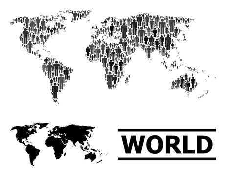 Map of world for national proclamations. Vector demographics abstraction. Abstraction map of world made of person pictograms. Demographic concept in dark gray color hues.