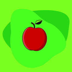 Vector image of a red apple with a twig and a leaf with a shadow and glare on a green isolated background.