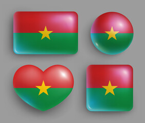 Set of Burkina Faso country flag glossy buttons. Western Africa country national flag, shiny geometric shape badges. Burkina Faso symbols in patriotic colors realistic vector illustration