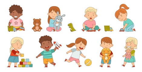 Cute Children Playing With Different Toys Having Fun On Their Own Enjoying Childhood Vector Set