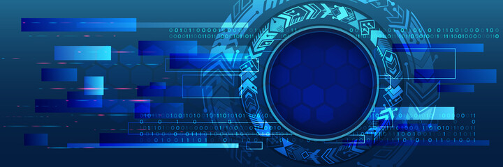 Hi-tech computer digital technology concept. Abstract technology communication. Neon glowing lines. Speed and motion blur over dark  background. Wide background with various technological elements.