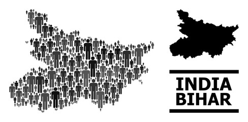 Map of Bihar State for social agitprop. Vector nation collage. Concept map of Bihar State constructed of men elements. Demographic concept in dark gray color hues.