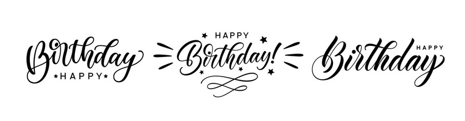 Happy Birthday hand lettering set. Handwritten calligraphic text for use in greeting card, t-shirt print design. Happy Birthday text design.