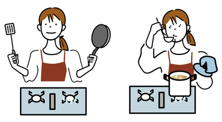 今日の献立を作る主婦-キッチンコンロを使う