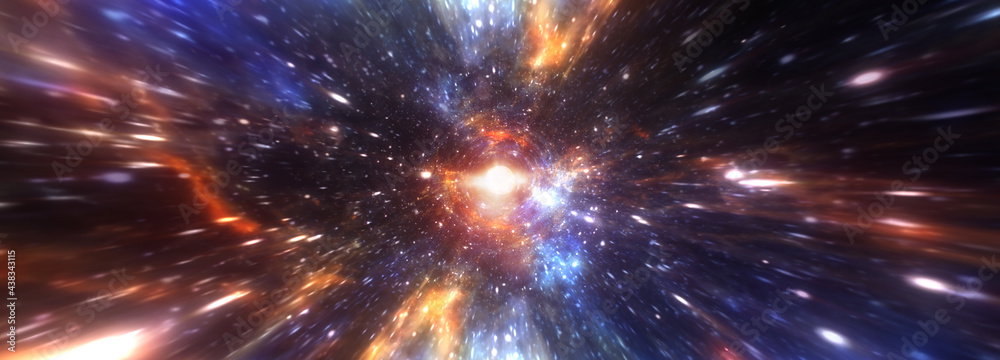 Wall mural abstract hyperspace tunnel through space time vortex. 3d illustration sci-fi interstellar travel thr