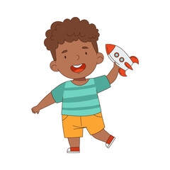 Little African American Boy Playing with Rocket Toy Having Fun On His Own Enjoying Childhood Vector Illustration