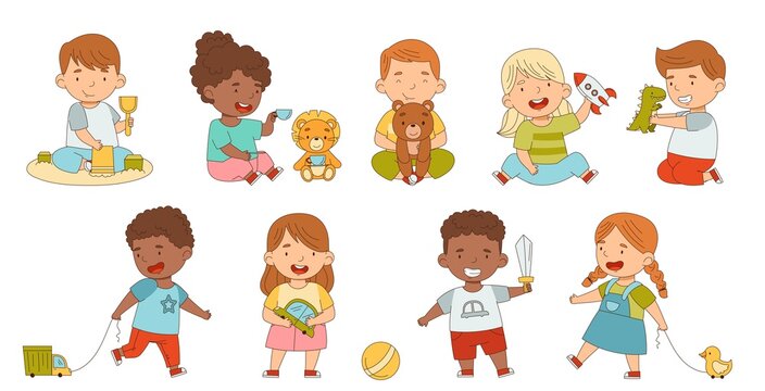 Cute Children Playing With Different Toys Having Fun On Their Own Enjoying Childhood Vector Set