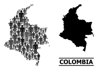 Map of Colombia for demographics propaganda. Vector demographics abstraction. Composition map of Colombia designed of man items. Demographic concept in dark gray color hues.