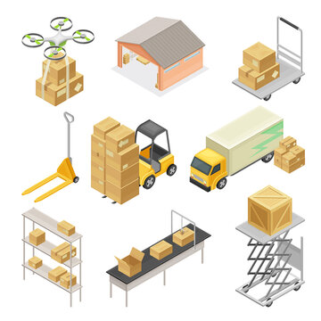 Warehouse as Area for Goods Storage and Logistics with Forklift Moving Cardboard Boxes and Drone Delivering Parcel Isometric Vector Set