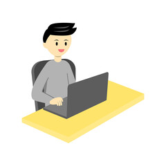 Young man working on computer cartoon vector. office man, salary man in online working. Student studying online on notebook.