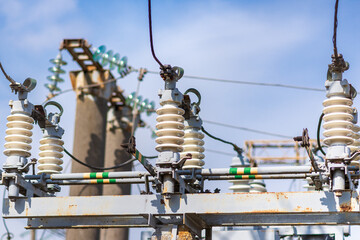 High voltage power transformer,generator electric in substation.Front view to high-voltage...
