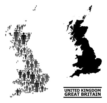 Map of Great Britain for demographics agitprop. Vector demographics abstraction. Pattern map of Great Britain composed of guy icons. Demographic scheme in dark gray color hues.