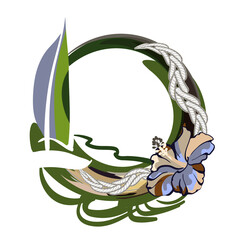 Marine theme. Round emblem.Sailboat and waves. Embroidery and rope. Travel by sea. Sailboat. Vacation, vacation on a yacht. A sailing boat.Drawing on fabric and paper.