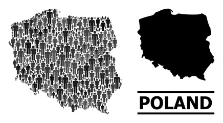 Map of Poland for demographics agitation. Vector nation mosaic. Mosaic map of Poland created of people items. Demographic scheme in dark gray color tinges.