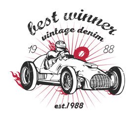Vintage race car for printing, vector hand graphics