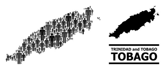 Map of Tobago Island for political projects. Vector nation abstraction. Abstraction map of Tobago Island created of people pictograms. Demographic concept in dark gray color tones.