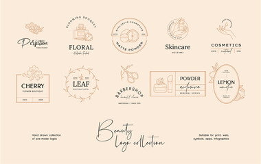 Hand drawn line art beauty vector logo design template collection. Illustration of elegant signs and badges for beauty, natural cosmetics, spa and wellness, fashion, wedding.