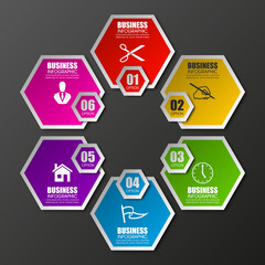 Information infographic statistic vector presentation. Graphic composition for your business presentations. Six hexahedron label for your annotations. 6 hexagon sticker for registration of proposals