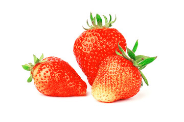 fresh strawberries isolated on white background. three ripe juicy strawberries