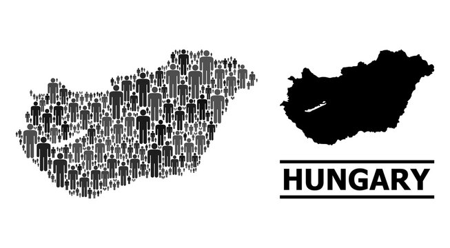 Map of Hungary for demographics proclamations. Vector demographics mosaic. Mosaic map of Hungary composed of guy pictograms. Demographic scheme in dark gray color tints.
