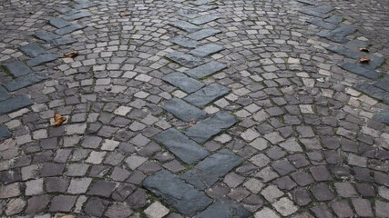 Ancient stone paving road in old town. Cobblestone pavement with rectangular and semicircular stone patterns. Roman road texture with dry fall leaves