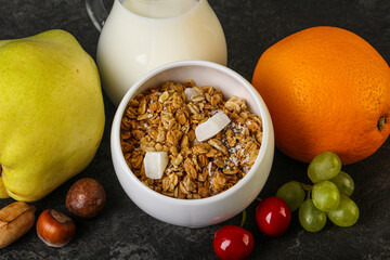 Breakfast with granola and milk
